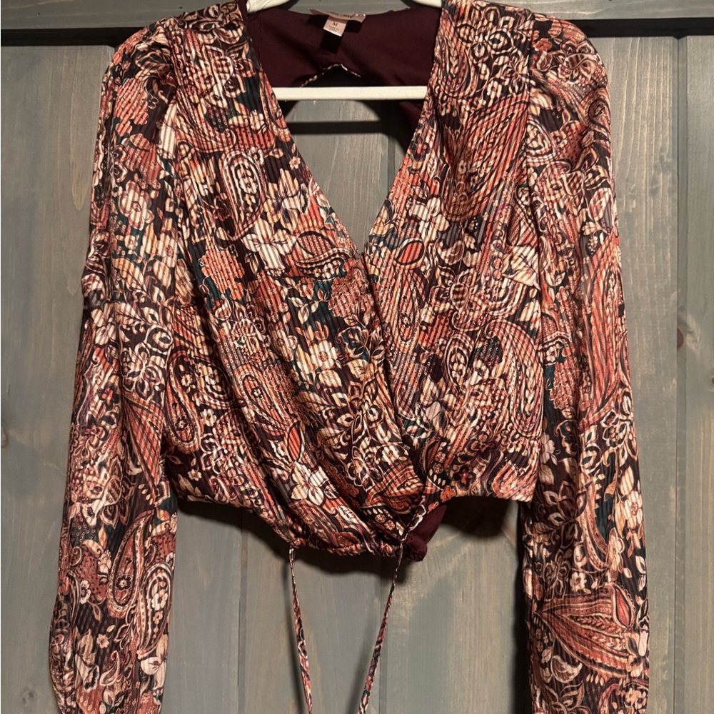 Brown and Gold Wrap Tie Front Blouse with Long Sleeves